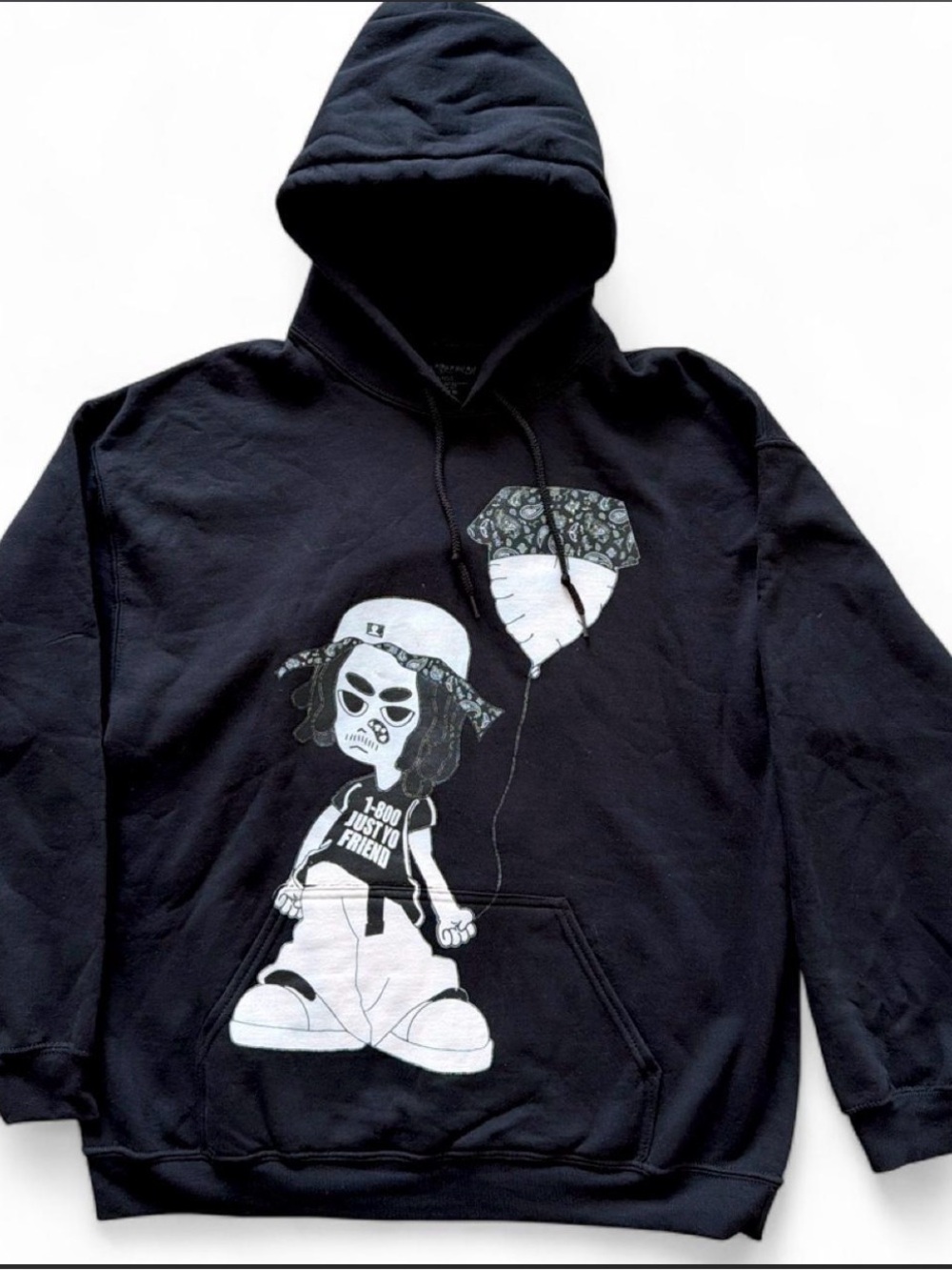 Black Graphic Hoodie withCharacter and Balloon